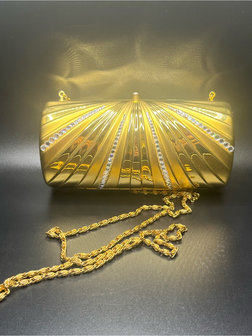 Vintage gold tone rhinestone evening clutch purse art deco style chain strap